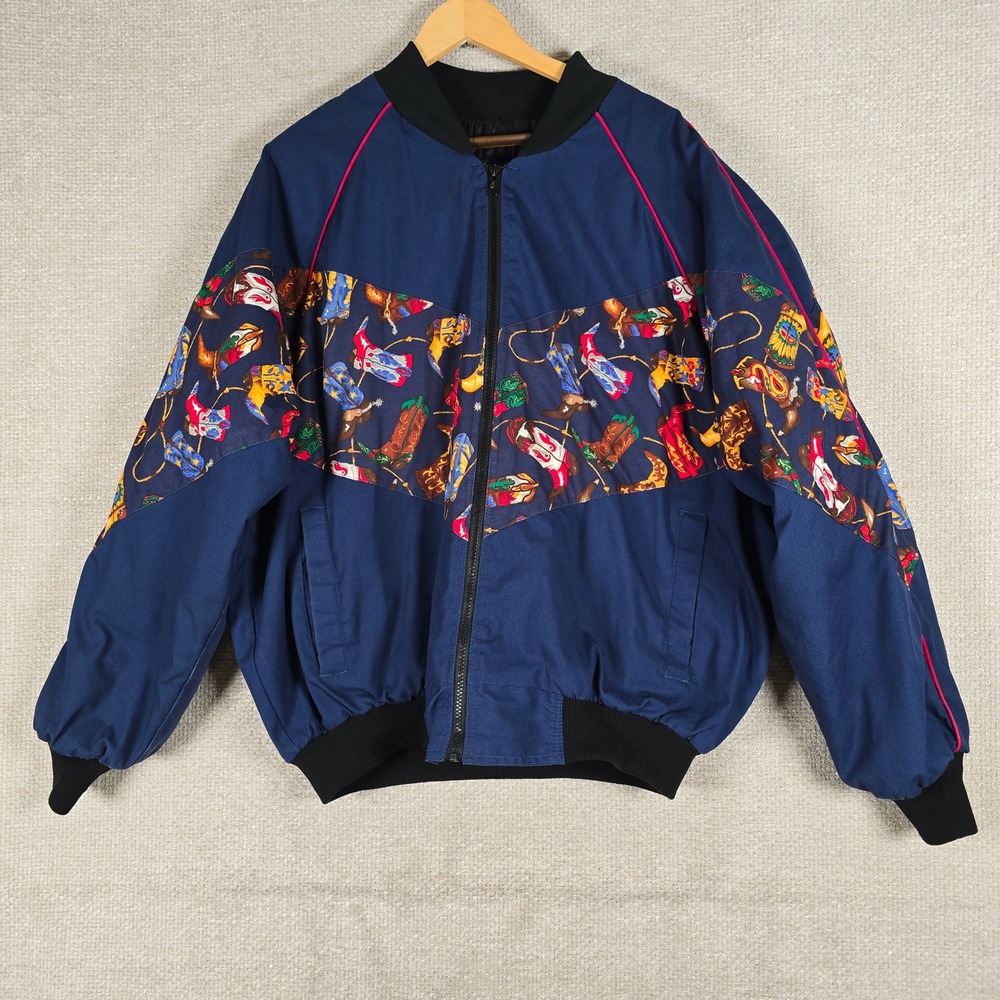 Vintage 90s Bee Wild Cowboy Western Boots Print Bomber Jacket Navy XL USA Made